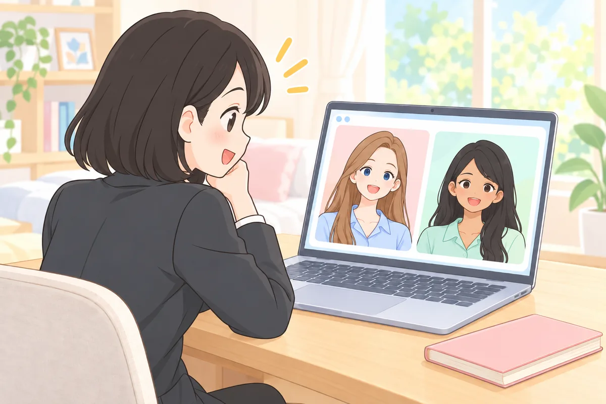 いろいろな国の講師とフィリピン人講師を画面で見比べて、どちらにするか考える女性のイラスト