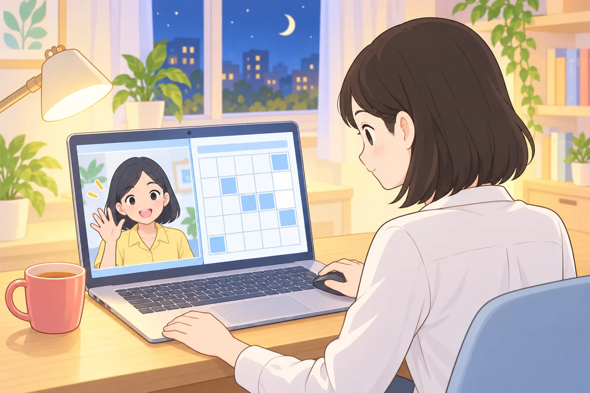 夜の書斎で、会社員の女性がノートパソコンの画面に並んだ「手を振る講師」と「予約カレンダー」を見比べているイラスト