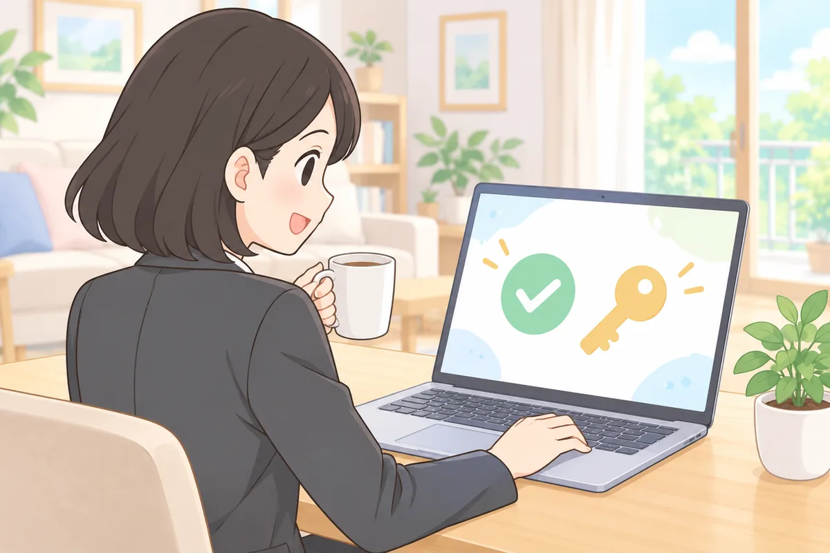 明るいリビングの机で、ノートパソコンの画面に出たチェックマークと鍵の図形を見ながらカップを持つスーツの女性のイラスト