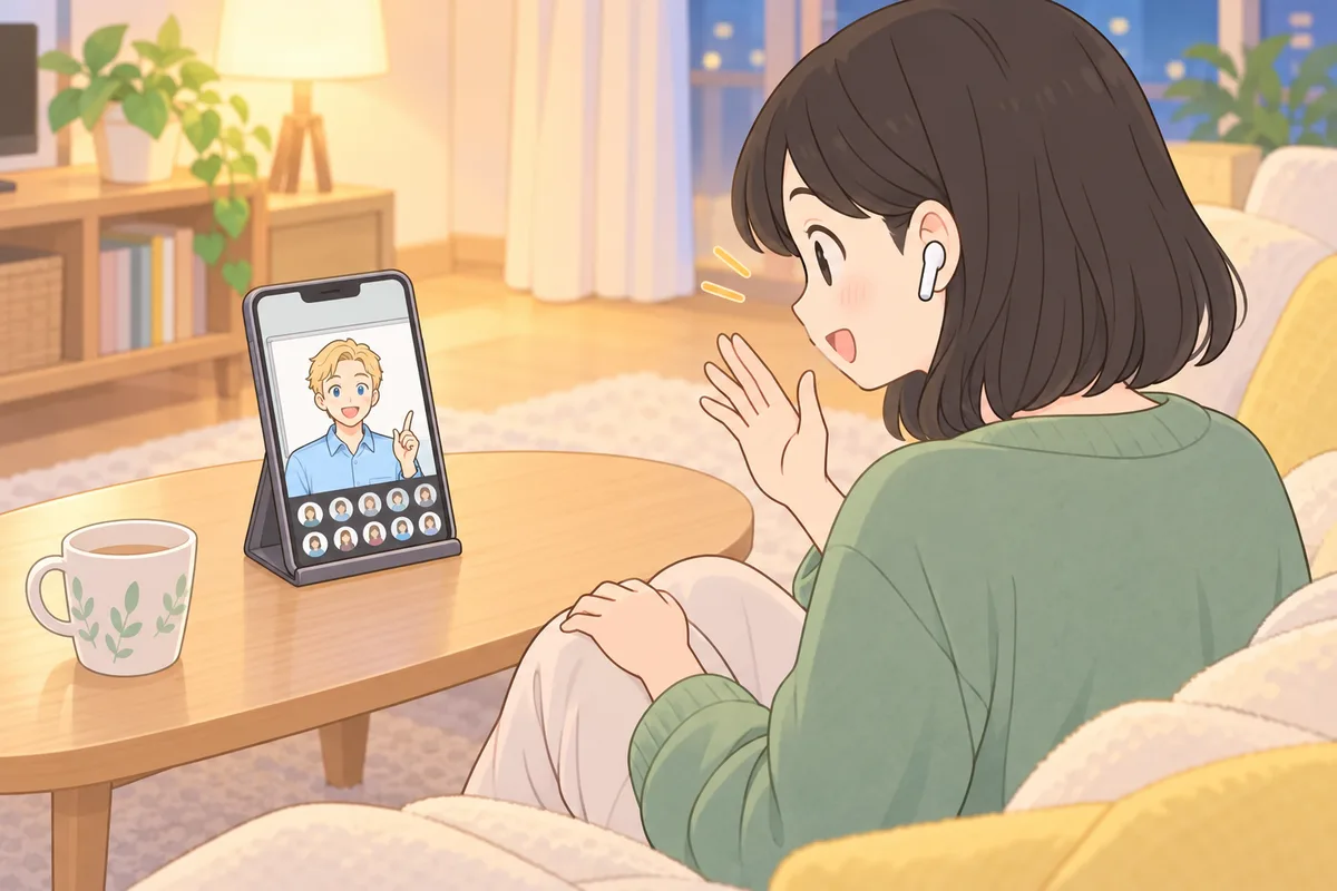 夜のリビングのソファで、スマホに映るライブ配信の英会話レッスンに手を挙げて参加する女性のイラスト