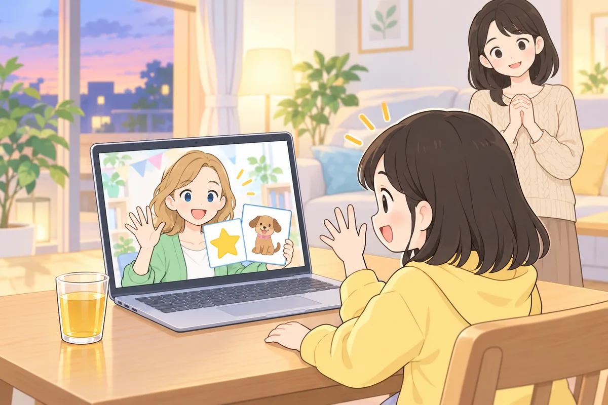 明るいリビングで、ノートパソコンの画面の外国人の先生に手を振る女の子と、奥で見守る母親のイラスト