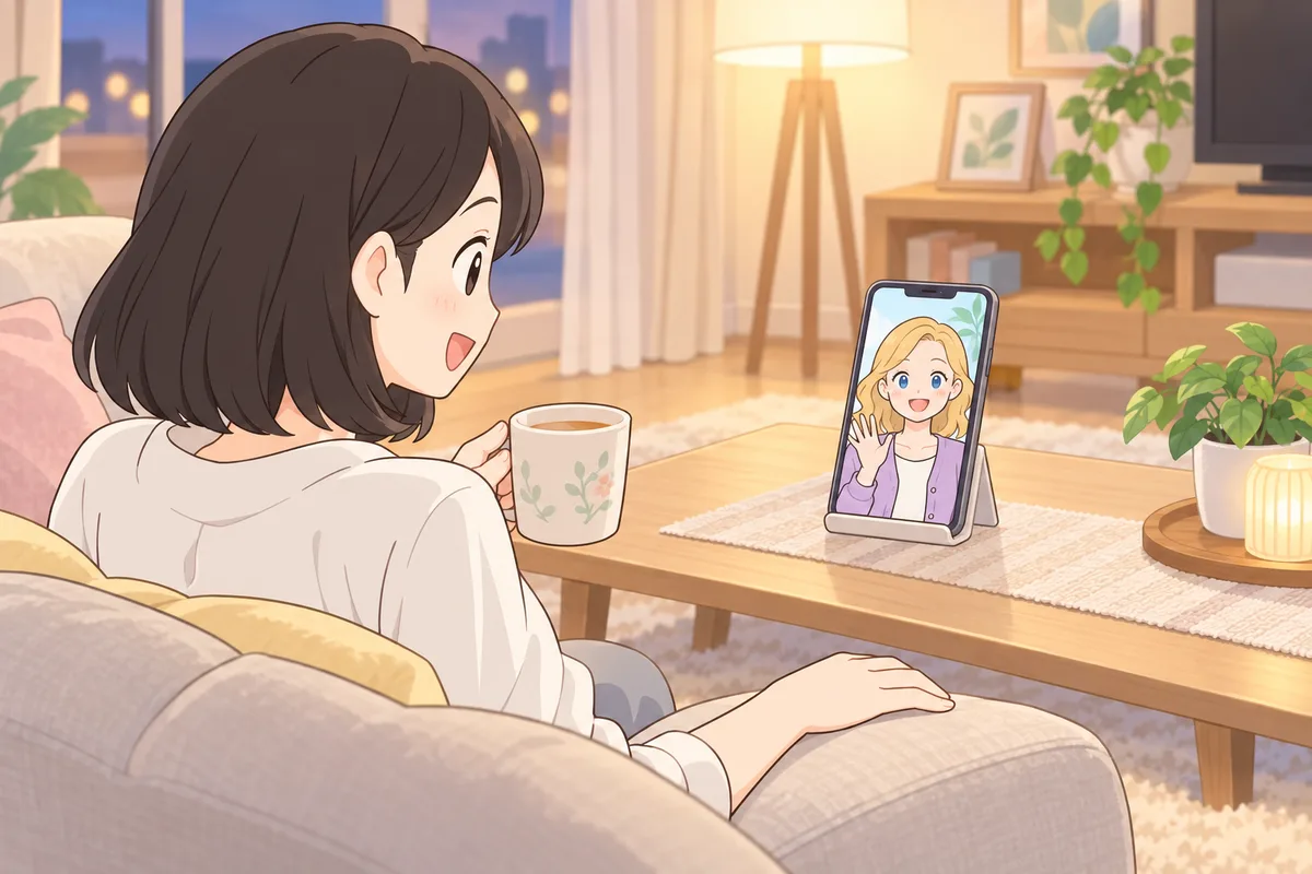 平日の夜、リビングのソファでくつろぎながら、テーブルに立てたスマートフォンで講師と短いレッスンを受ける女性のイラスト