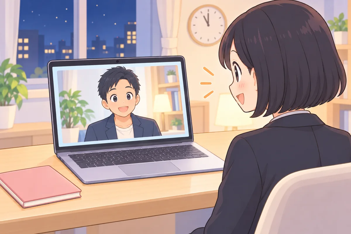 夜、画面の日本人講師と話す女性のイラスト