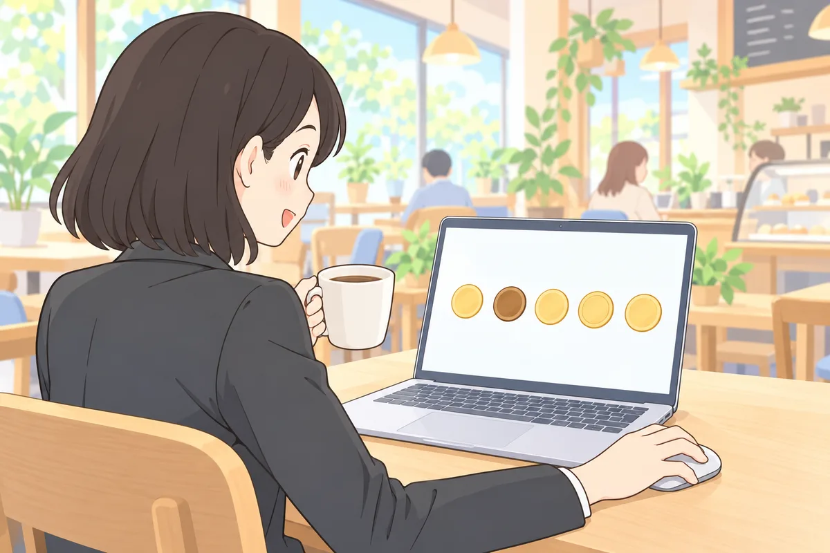 カフェの机でノートパソコンの画面に並んだ5つのコインの図を見ながら、コーヒーを片手に料金を比べている会社員の女性のイラスト
