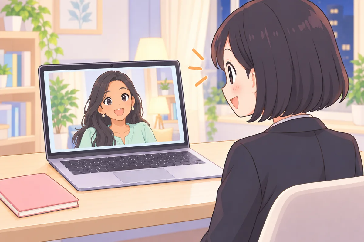 画面のフィリピン人講師とマンツーマンで話す女性のイラスト