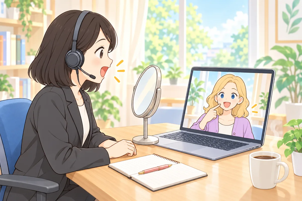 卓上ミラーで口の形を確かめる女性会社員と、画面で口の形のお手本を見せる講師のイラスト