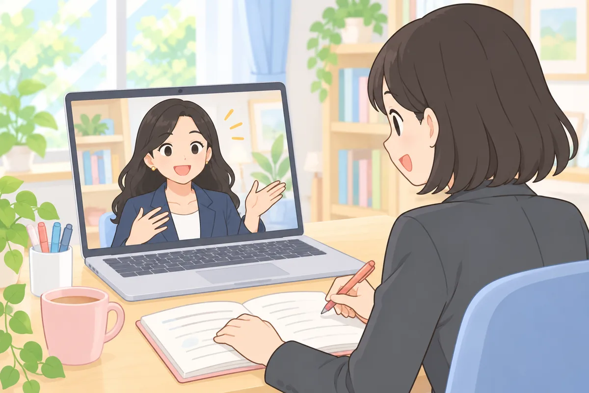 明るい書斎で、ノートパソコンの画面のオフィスにいるフィリピン人の女性講師と話しながらノートを取る会社員女性のイラスト