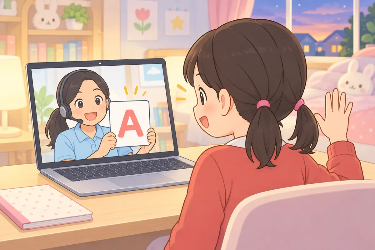 夕方の子ども部屋で、二つ結びの女の子がノートパソコンの画面のフィリピン人の女性講師に手を挙げて答えているイラスト。講師はAのカードを持っている