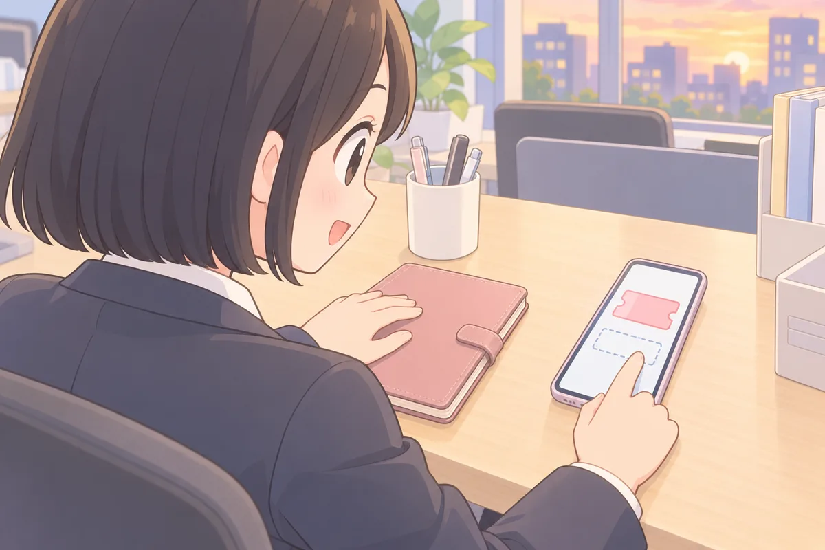 朝のダイニングテーブルで、ノートパソコンの申込画面にキャンペーンコードを入力しながらカレンダーで締め切りを確かめる女性のイラスト