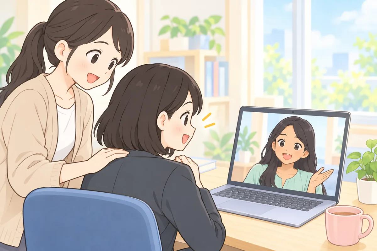 机に向かう女性の肩に手を添える人と、画面で話しかけるフィリピン人講師のイラスト