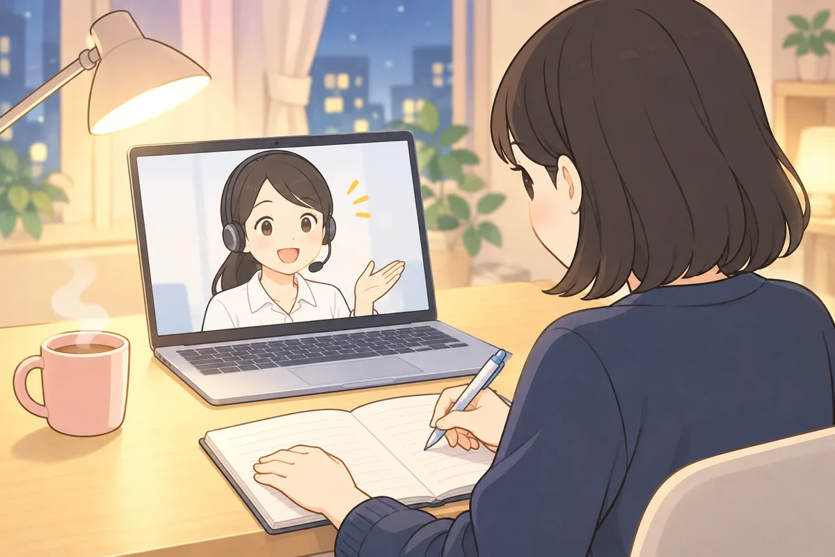 夜の書斎で、ノートパソコンの画面の日本人カウンセラーと話しながらノートにメモを取る女性のイラスト
