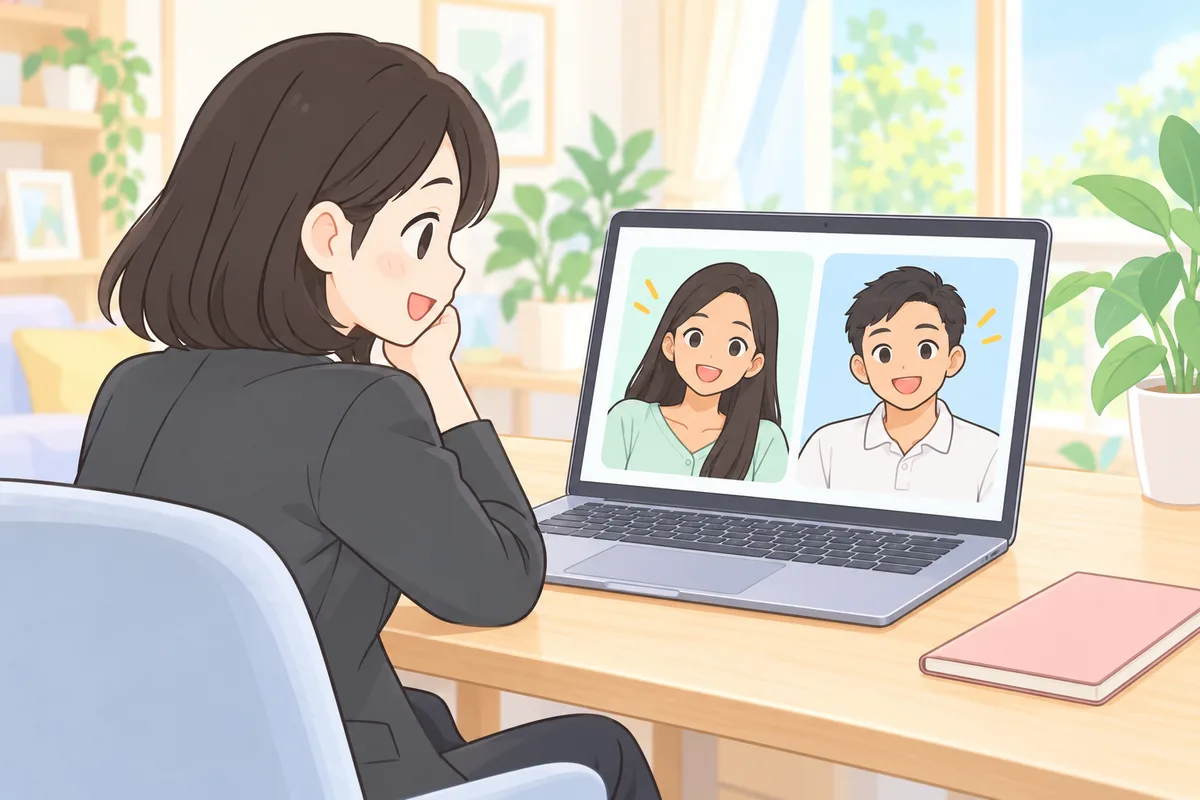 2人のフィリピン人講師を画面で見比べて、どちらのサービスにするか考える女性のイラスト