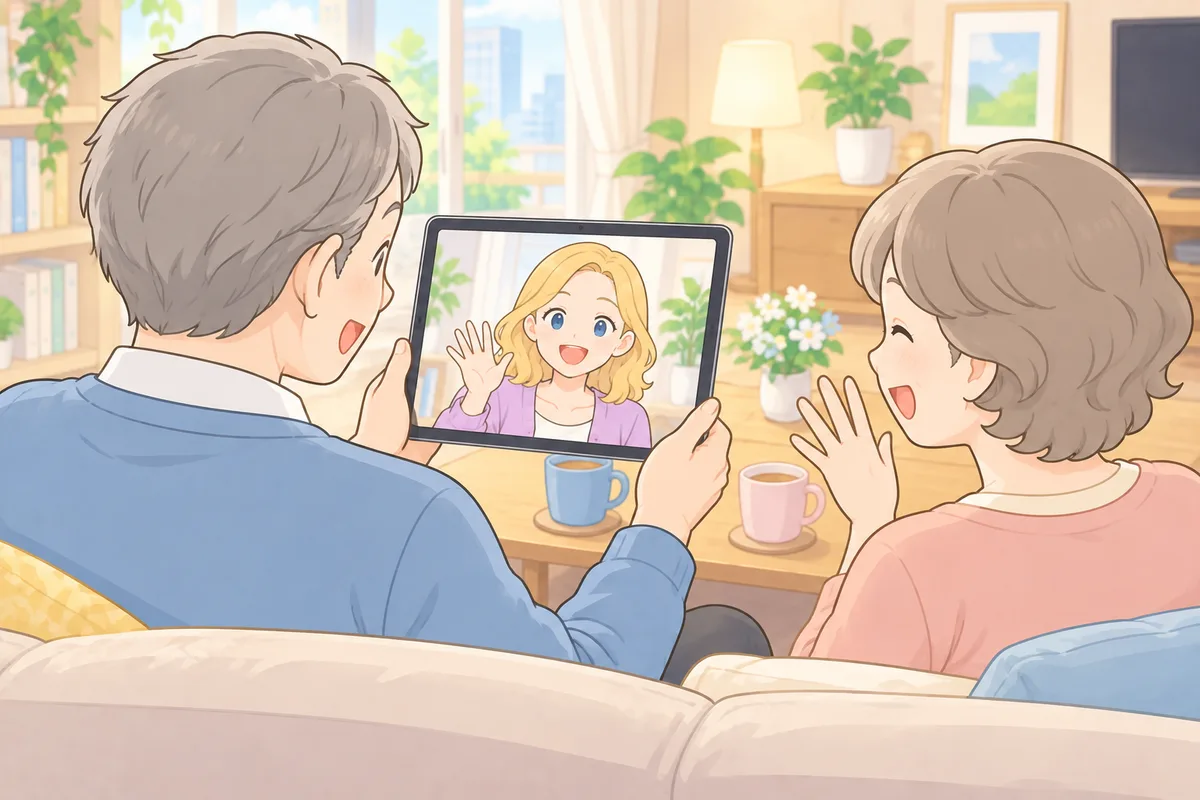 ソファの夫婦がタブレットの画面の講師に手を振り返す様子のイラスト