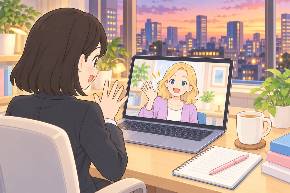 夕暮れのオフィスで、画面の女性講師に笑顔で迎えられる女性会社員のイラスト