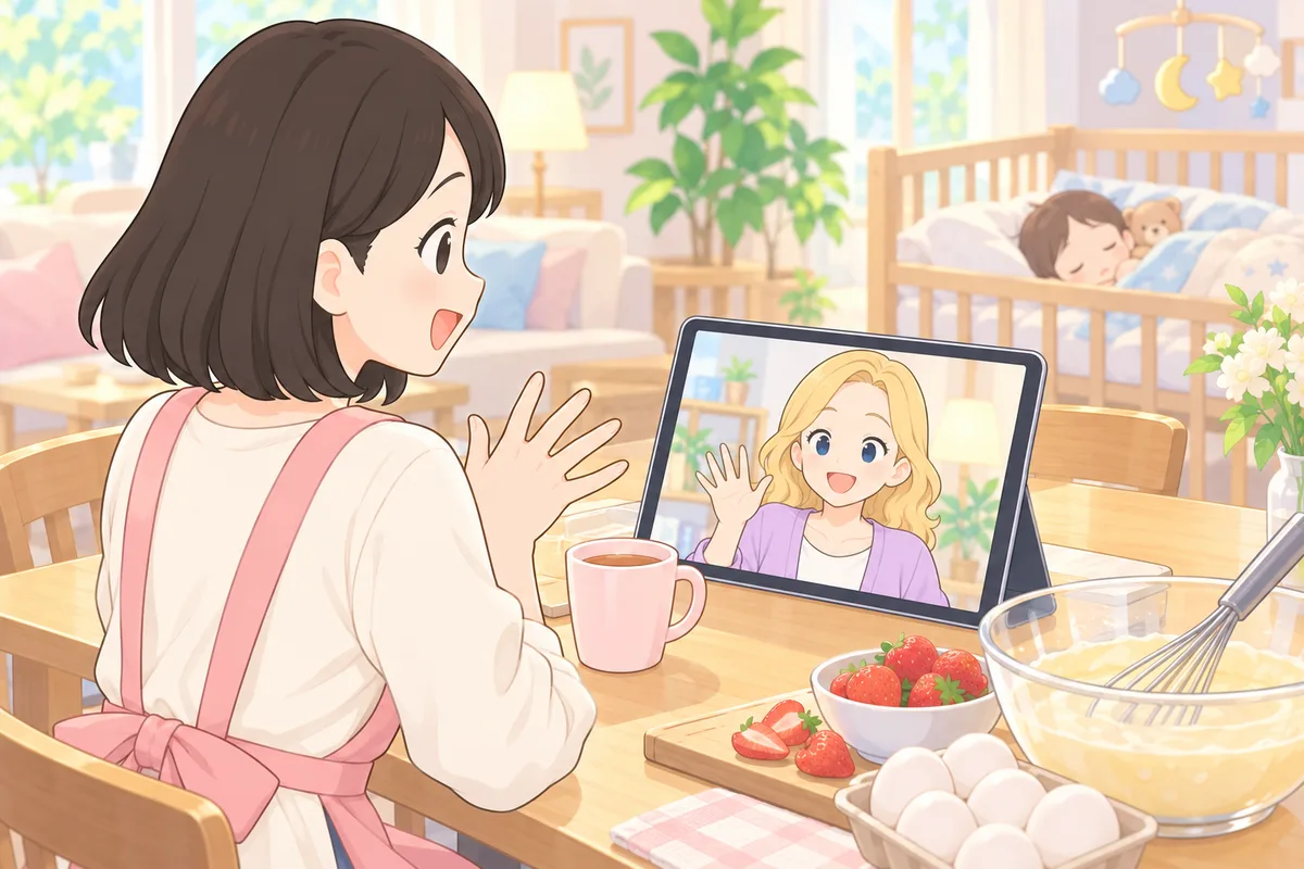 子どもが眠るそばで、タブレットの女性講師と笑顔でレッスンするエプロン姿の主婦のイラスト
