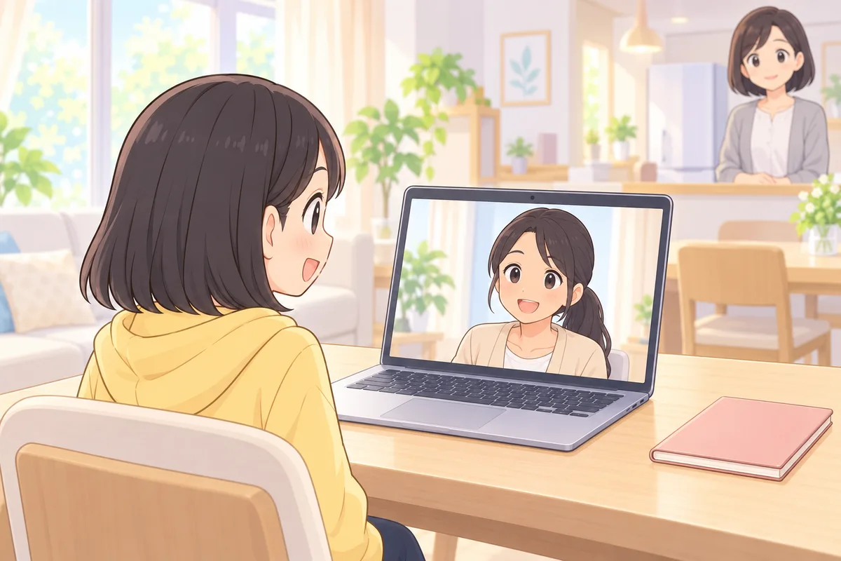 画面の日本人の女性講師と話す女の子を、奥から母親が見守るイラスト