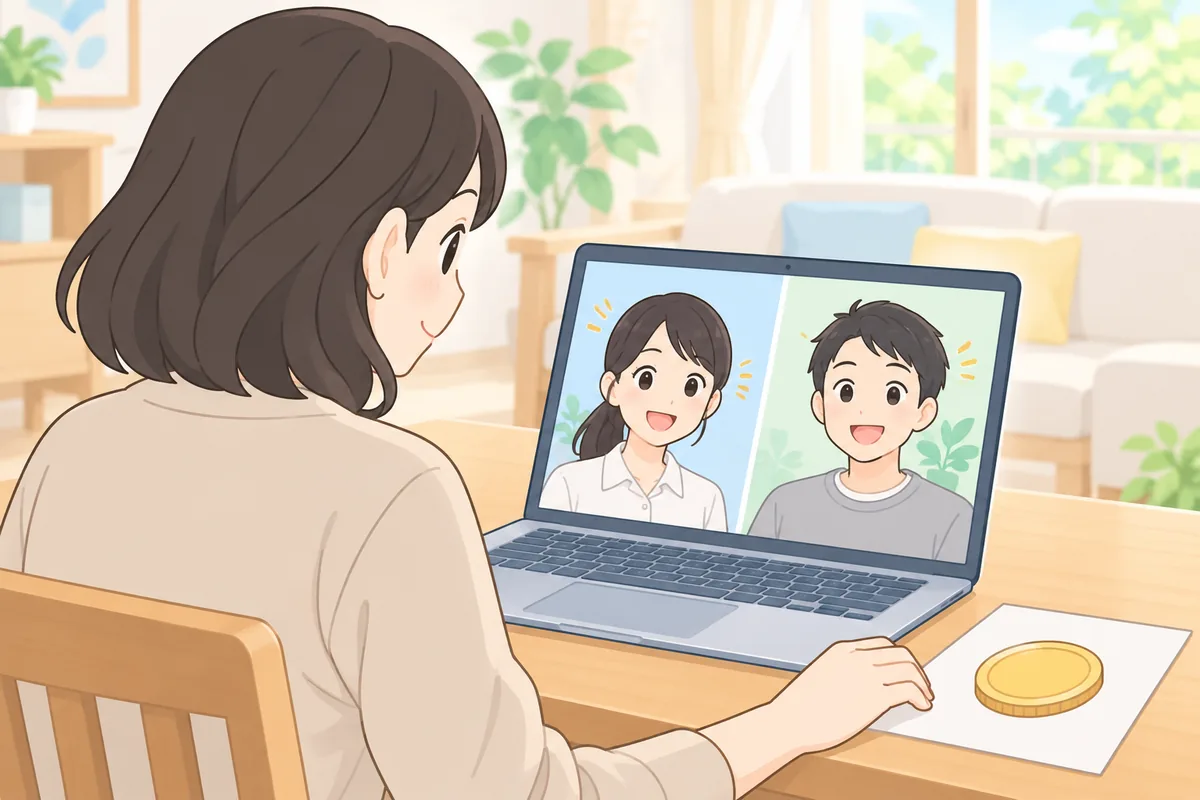 朝のリビングで、女性がノートパソコンの画面に並んだ日本人の女性講師と男性講師を見比べているイラスト。テーブルにはコインの絵のメモがある