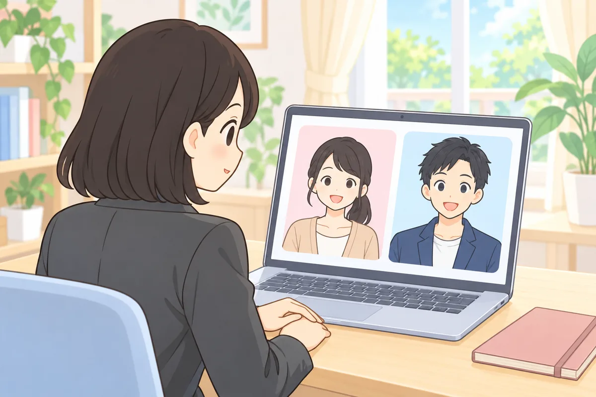 2人の日本人講師を画面で見比べて、どちらにするか考える女性のイラスト