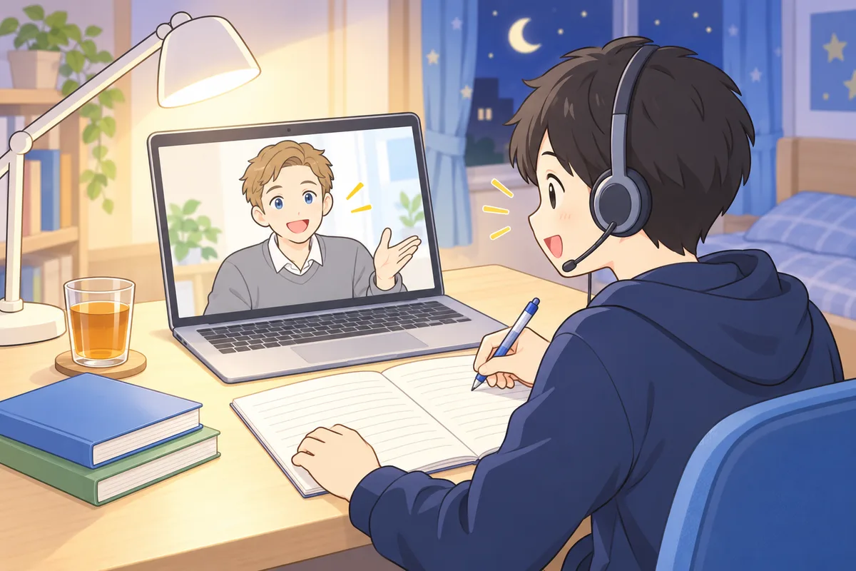 夜の子ども部屋で、ヘッドセットを付けてノートパソコンの外国人の先生と話しながらノートに書き込む男の子のイラスト