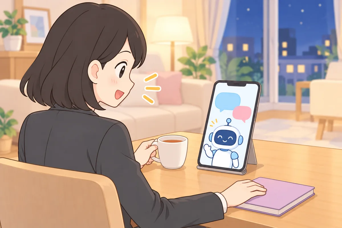 夜のリビングで、スタンドに立てたスマートフォンのAIキャラクターに、紅茶を片手に話しかける女性のイラスト
