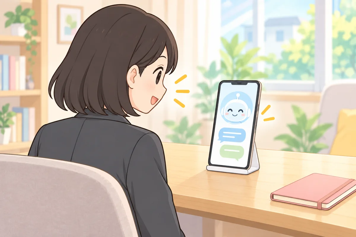 スタンドに立てたスマホのAI英会話アプリに向かって話す女性のイラスト