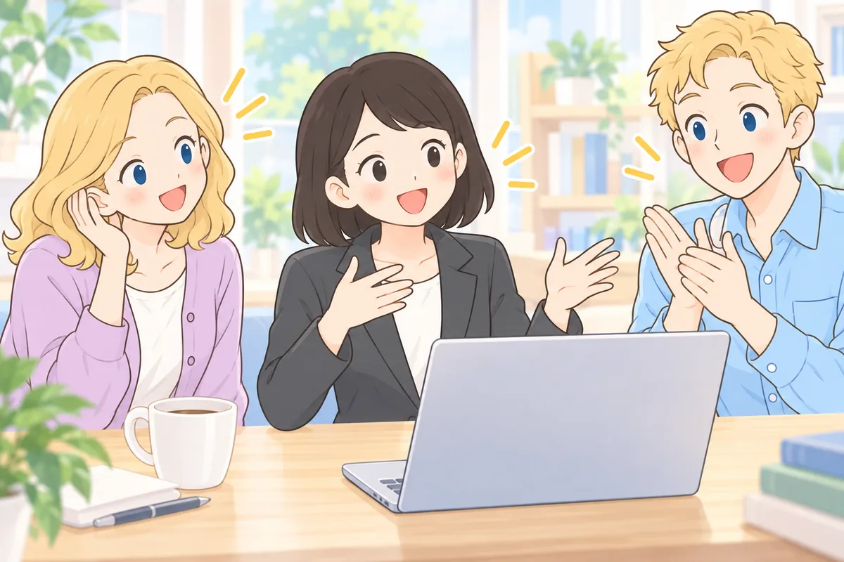 身振りをつけて楽しそうに話す女性と、聞き入って拍手する講師2人のイラスト