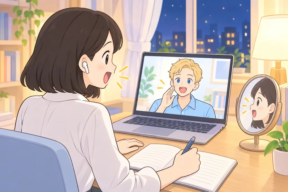 夜の書斎で、ノートパソコンの画面の講師に口の形を見せてもらいながら、卓上ミラーを置いて発音を練習する女性のイラスト