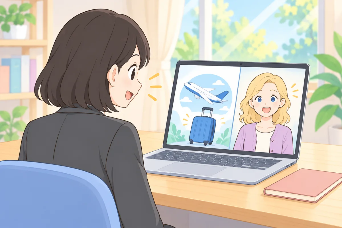 画面で留学とオンライン英会話を比べる女性のイラスト