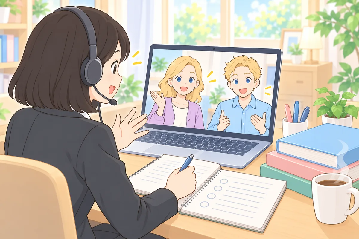 参考書を積んだ机でヘッドセットをつけ、画面の講師2人と笑顔で会話する女性会社員のイラスト