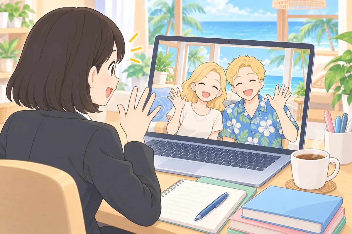 画面の向こうの南国の部屋にいる講師2人と、友達のように手を振り合う女性のイラスト