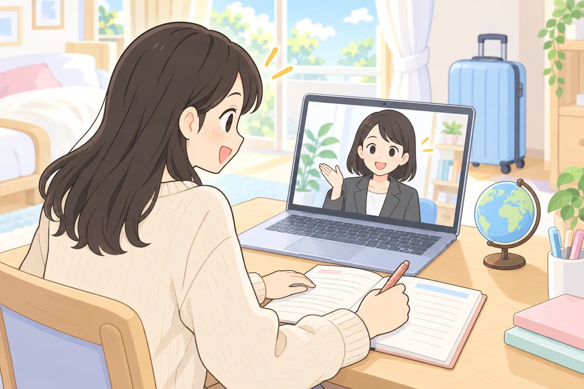 休日の部屋で、ノートパソコンの画面の日本人カウンセラーとオンラインで留学の相談をしながら手帳に書き込む女性のイラスト