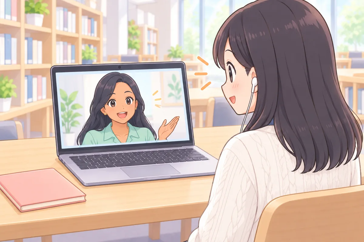 大学の図書館で、画面のフィリピン人講師とレッスンを受ける大学生のイラスト