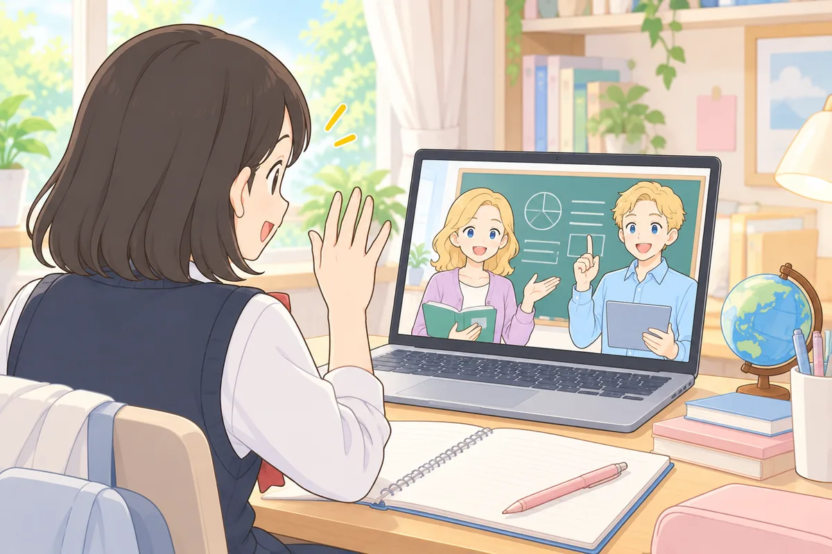 自宅でノートパソコンの英語の授業に手を挙げる女子高校生と、画面の講師2人のイラスト