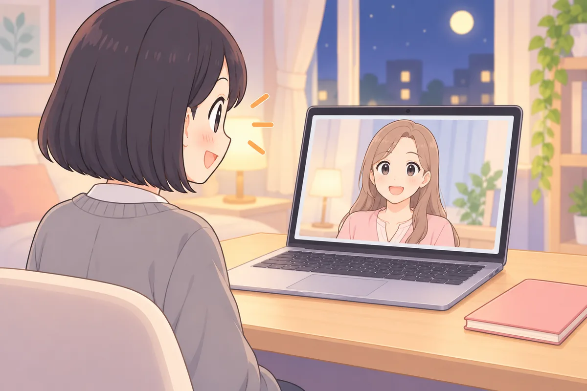 夜の自宅で、画面の女性講師とリラックスして話す女性のイラスト