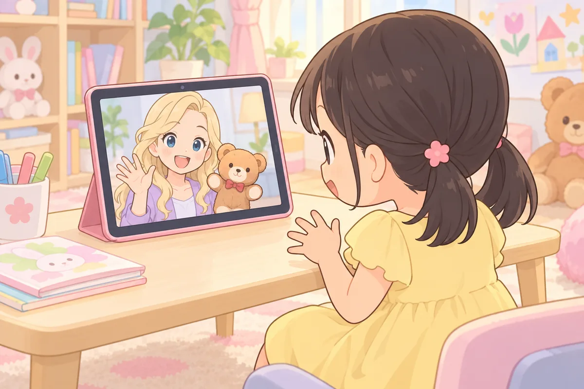 明るい子ども部屋の低い机で、タブレットの画面の中でぬいぐるみを持った女性講師と楽しそうに話す幼稚園くらいの女の子のイラスト