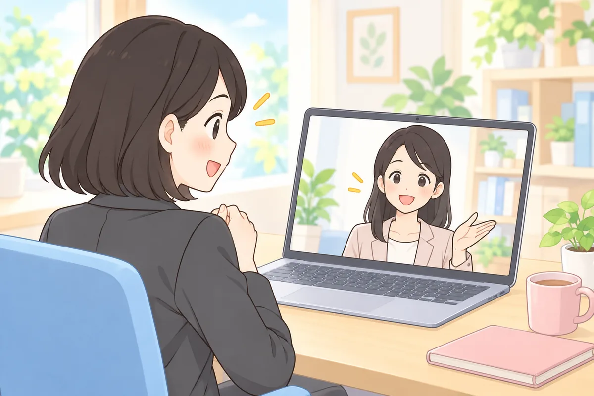 画面の日本人の女性講師と、安心した笑顔で話す女性会社員のイラスト