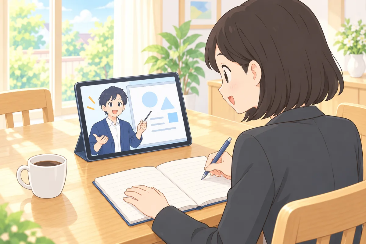 朝のダイニングテーブルで、タブレットの英語の講義動画を見ながらノートにメモを取るスーツの女性のイラスト